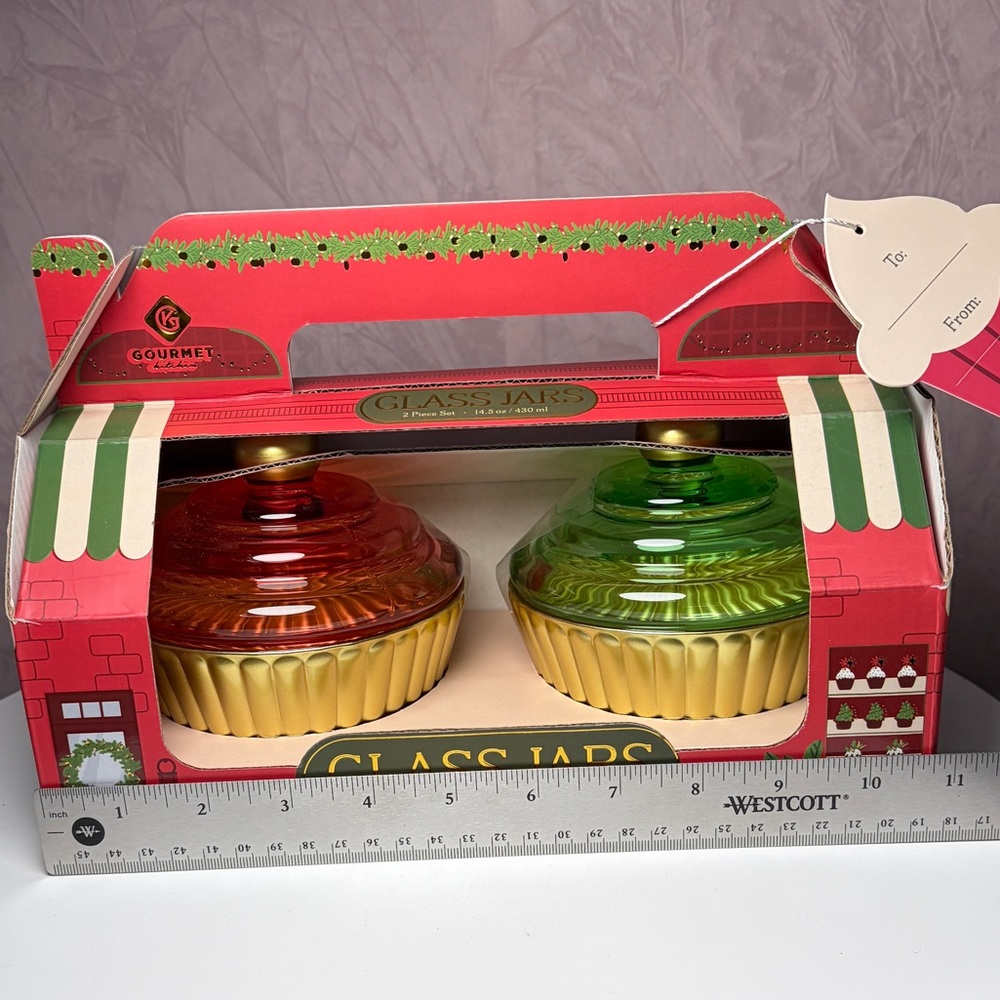 Gourmet Kitchen Glass Cupcake Jars Set - Red, Green, and Gold - Picture 3 of 7